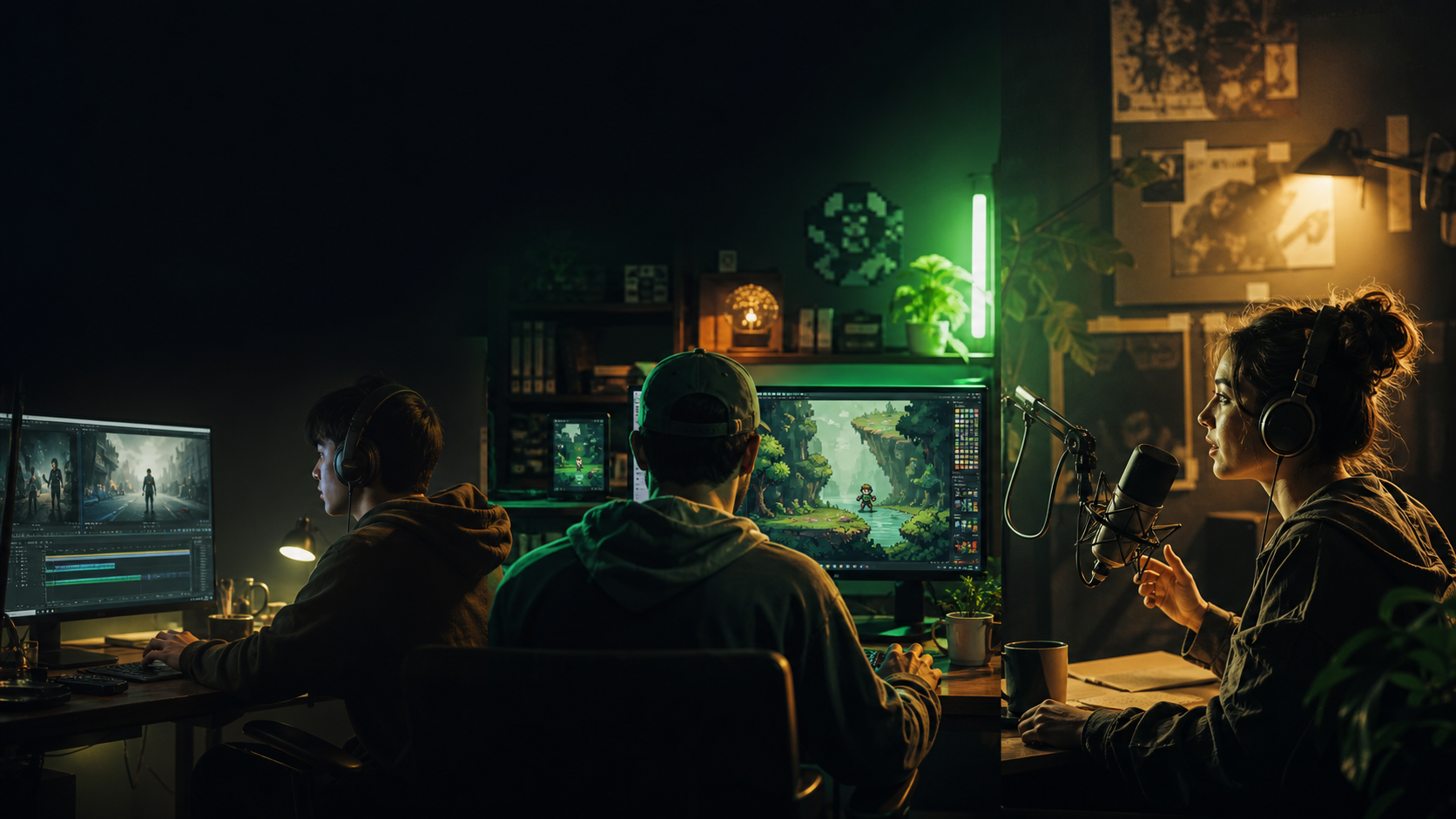 Creators working on video, game, podcast, and songwriting projects in a dark studio